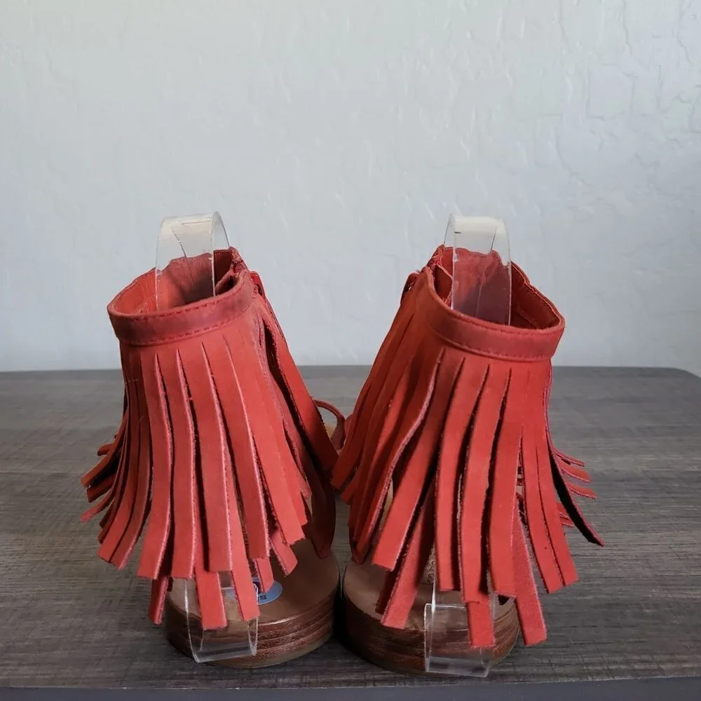 Kate Spade Alex Flat Fringe-Cuff Boho Sandals Orange Nubuck Leather Sz Women's 6